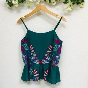 Isani • Tropical Teal Green Summer Peplum Top with Vibrant Floral Leaf Print